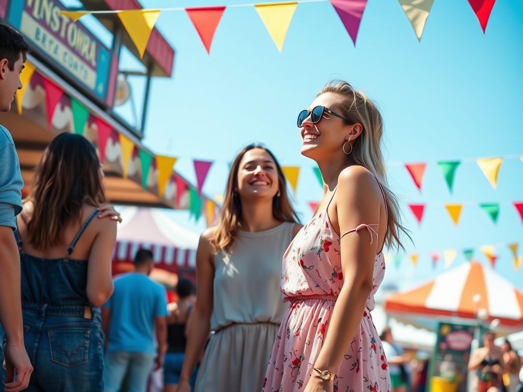 Kobiety uśmiechają się na festiwalu, otoczone kolorowymi flagami i radosną atmosferą letniego dnia.