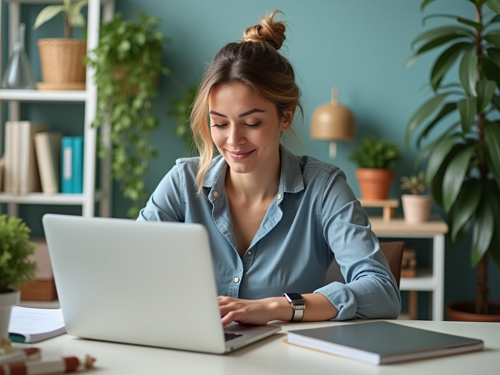 Kobieta pracuje na laptopie w domowym biurze z roślinami w tle.